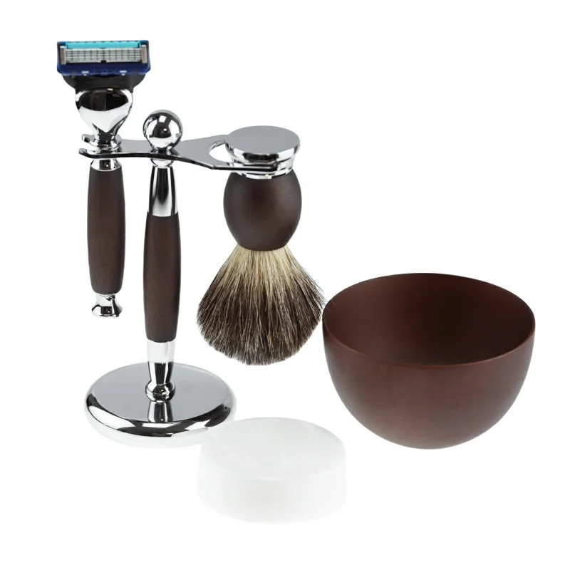 Badger Hair Shaving Brush Stand Set with Safety Razor Wood Pattern Handle for Men-Shaving Gift Set