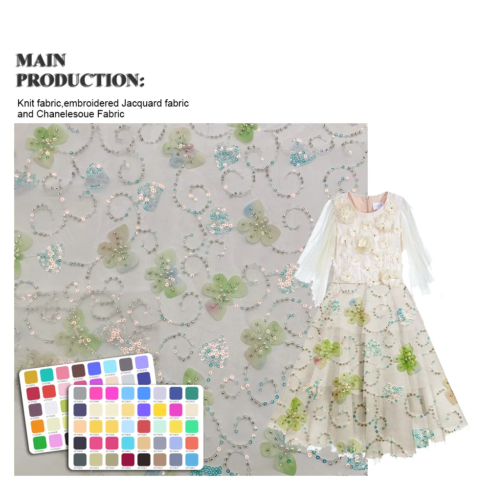 High Quality New Arrival 100% Polyester Tulle Mesh 3d Green Floral Sequin Embroidery Fabric For Dress