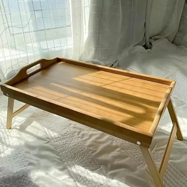 Custom Manufacture Multifunctional Bamboo Food Tray for Fruit Drinks Folding Legs Bed Tray Functional Design