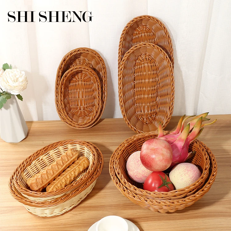 SHI SHENG Outdoor Handmade Brown Straw Rattan Hand Woven Baskets Tray for Bread Picnic Basket Fruit Storage Basket