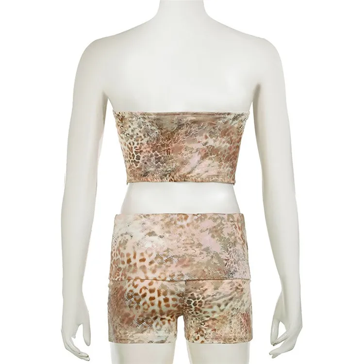 Sexy Leopard Printed Shorts Sets Women Vintage Slim 2 Piece Sets Slash Neck Sleeveless Corset Tops Mid-Waisted Shorts