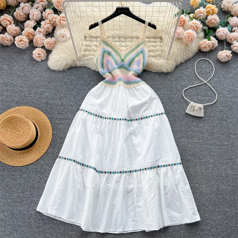 2023 Holiday style hollow crochet knit splicing halter dress summer waisted temperament long dresses for women