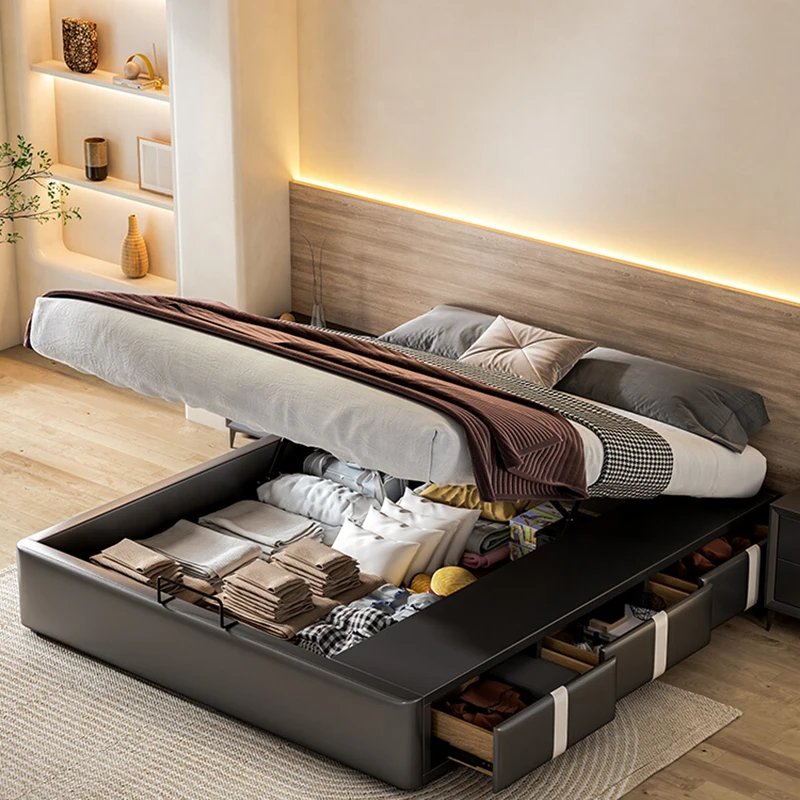 Maxky No Bedside Bed Multifunctional Modern Minimalist Light Luxury Master Bedroom High Box Storage French Double Queen Bed