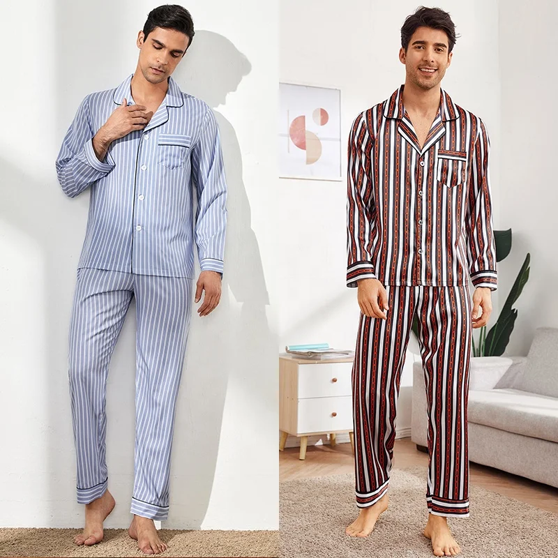 Low MOQ 2 Piece Set Home Homewear Sleep Pajama For Men Long Sleeves Shirt Pants Blue Summer Blue OEM Spring Pajamas Set