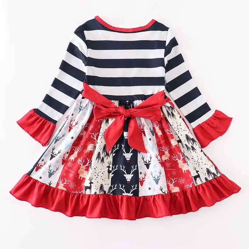 Girlymax 2022 Winter Christmas Reindeer boutique ruffle long sleeve exquisite embroidery Baby Girl Dresses