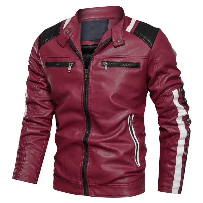 
Mens Casual Stand Collar Zip UP Long Sleeve Mixed Color jaqueta couro moto Stylish PU Faux Leather Motorcycle Jackets 