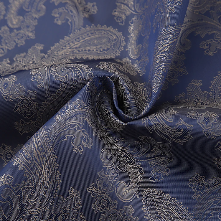 Chinese fabric supplier 100% polyester paisley metallic shiny jacquard fabric for garment factory