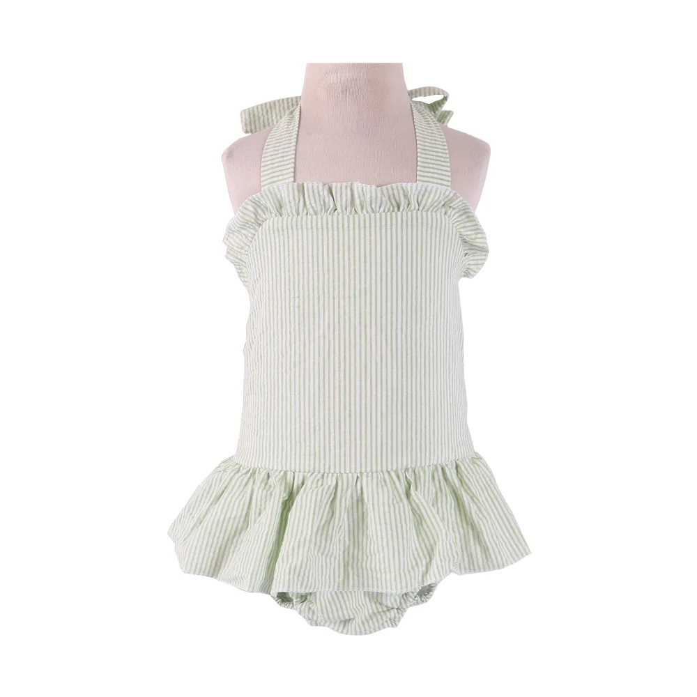 No Moq RTS  Baby Girl  Summer Swimsuit  Cotton Seersucker Ruffle Kids Girl Bikini Swim Bathing Suit