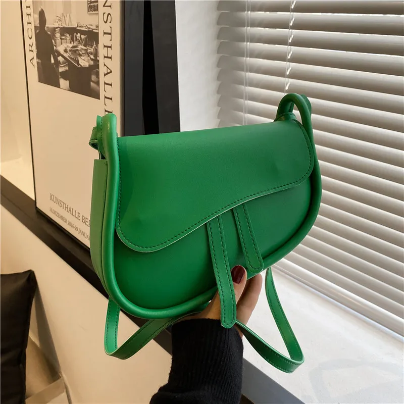 New Fashion Saddle Women Bag One Shoulder Bags Blue Green Casual Hasp PU Handbags Women Handbags for 2022 Designer Bag