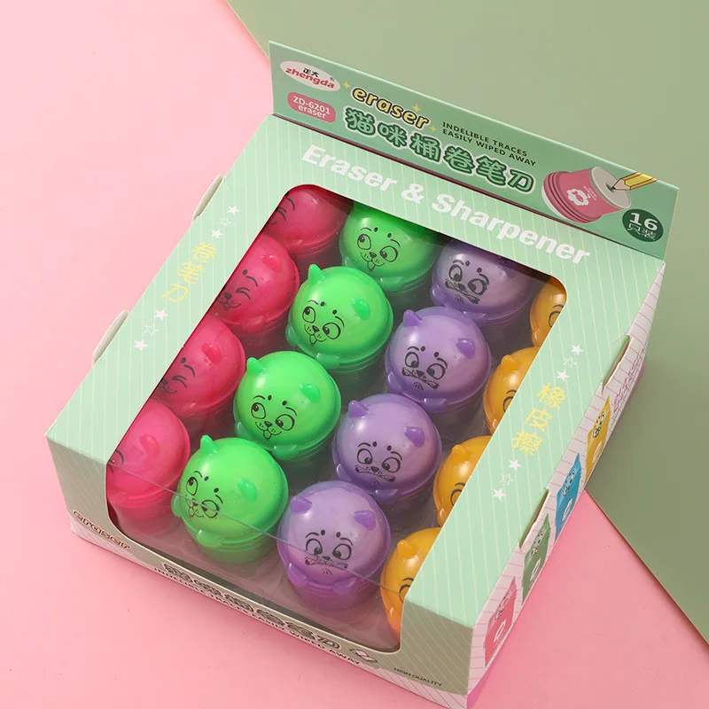 Cute pencil sharpener with eraser 2 in 1 24 pcs/box 16pcs/box cartoon student stationery portable pencil sharpener