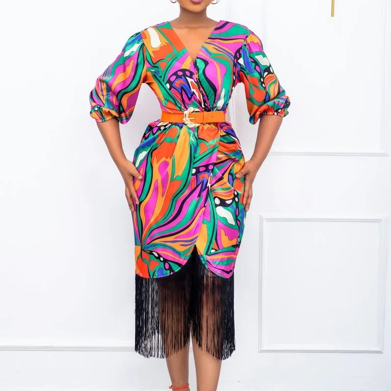 BOBOYU 2022 african women casual office dress fashion colorful printed half sleeve blazer dress elegant tassel dress with belt
