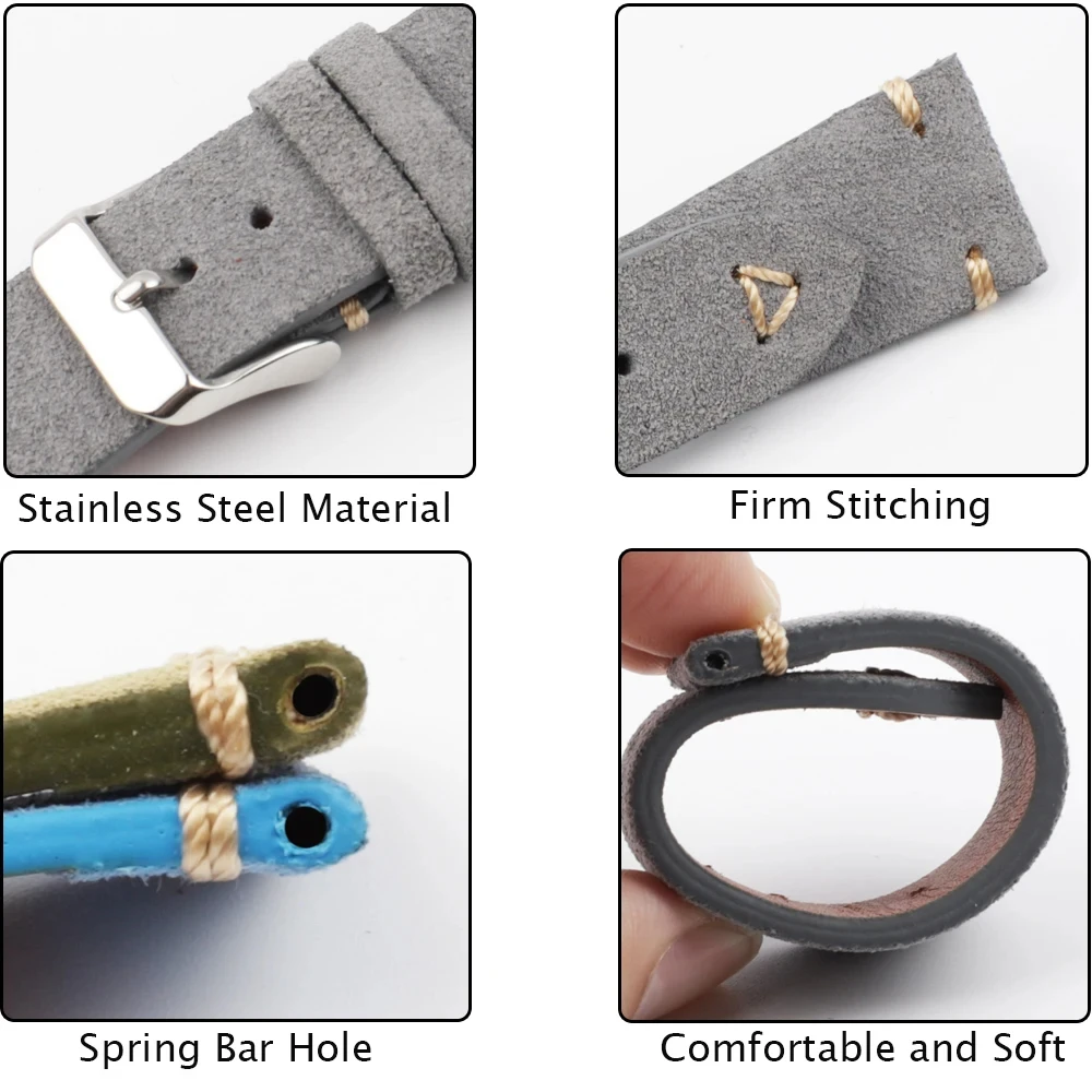 Suede Leather Watch Strap 18mm 19mm 20mm 21mm 22mm 24mm Grey Vintage Band Replacement Wristband Handmade Stitching Watchband
