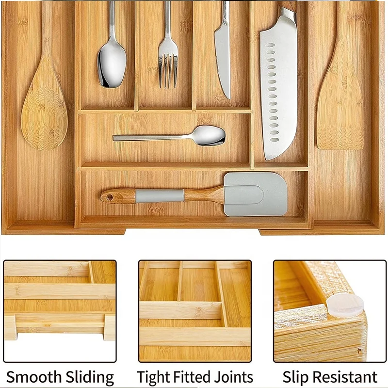 Expandable Bamboo Silverware Organizer Drawer for Utensils Holder Cutlery Drawer Tray with Dividers Flatware Kitchen organizer