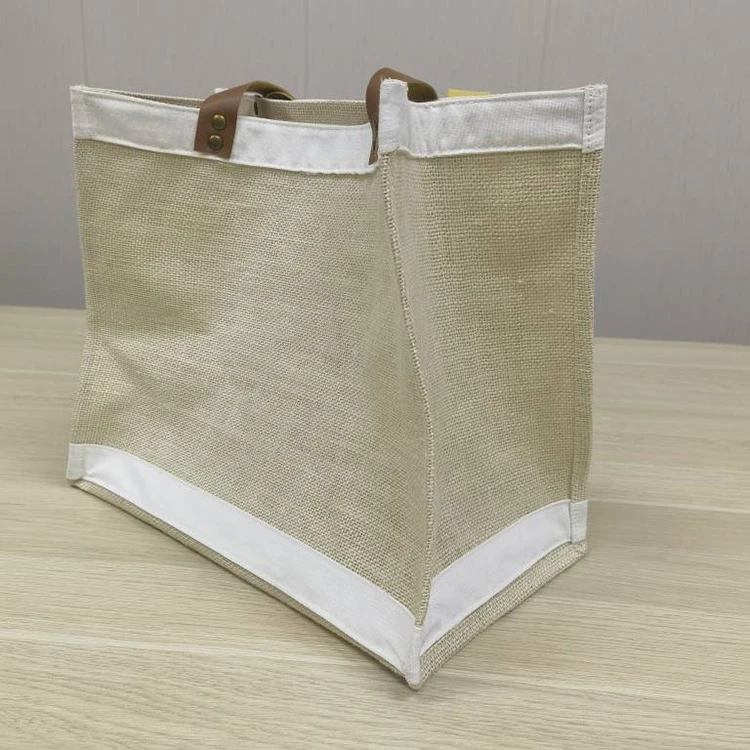 Shoulder Leather Bamboo Handle Eco Friendly Custom Plain Recycled Extra Large Bulk Wholesale Jute Beach Bag