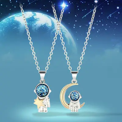 Hot Sale Stars and Moon Astronaut Couple Necklace A pair of male and female niche pendants