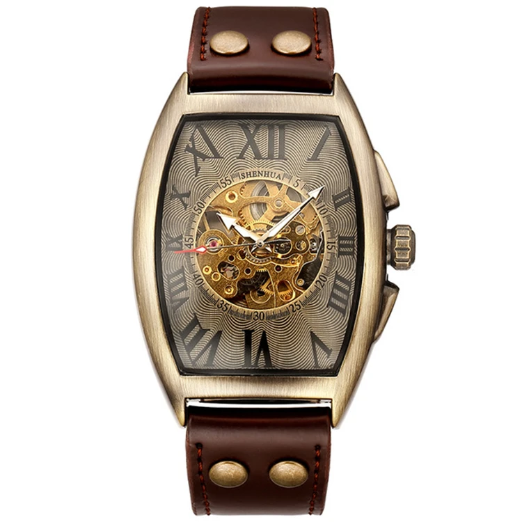 SHENHUA 39 Brand Rectangular Bronze Men Watches Automatic Mechanical watch Mens Automatic Skeleton Wrist Watch Gift