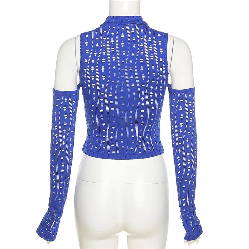 A03685C Puss Y2K Sexy Hollow See Through Crop Top Women Long Sleeve T-Shirt Autumn Wild Casual Streetwear Stretch Skinny Tee