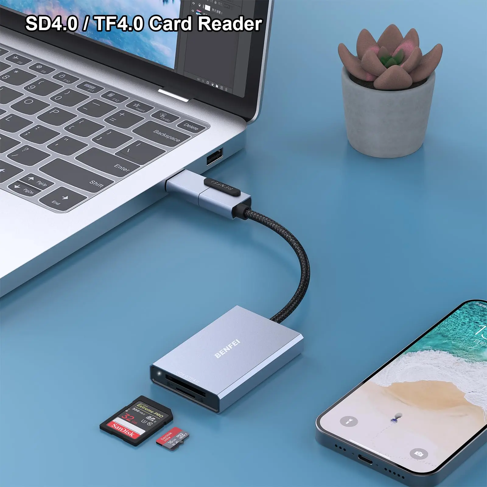 BENFEI SD 4.0 Card Reader, USB-C/A 2-in-1 Memory Card Reader, for SDXC, SDHC, SD, MMC, RS-MMC, Micro SDXC, Micro SD and more