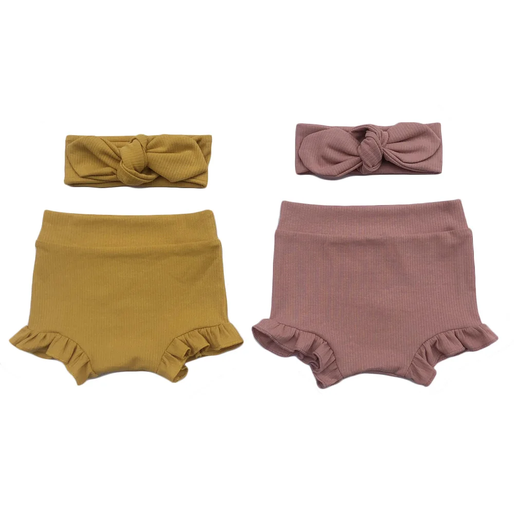 
Summer baby girls ribbed cotton shorts set blanket diaper bloomer girls ruffle pants with bow headband 