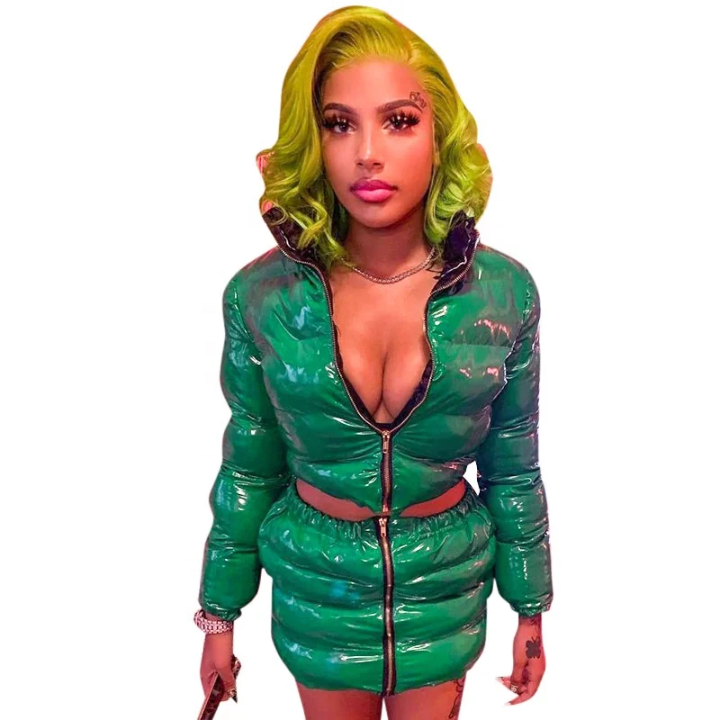Women 2 Piece Shiny Puffer Jacket Skirt Sets PU Leather Bubble Coats Zipper Puffy Pencil Skirts Slim Winter Two Piece Outfits