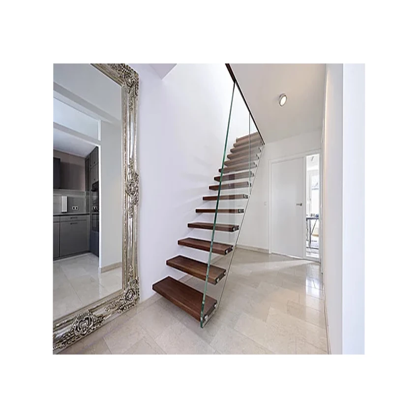 Cheap Design Walnut Slab Granite Loft Indoor Folding Wood Stairs Floating and Straight Stairs Staircase