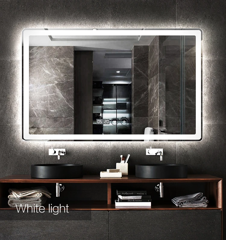 Hot sale hotel intelligent frameless illuminated bathroom mirror with led light