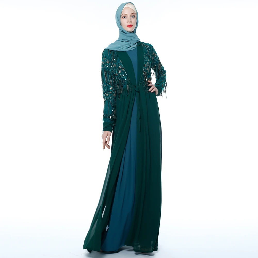 New sequined fringed cardigan Muslim long-sleeved outer wear national costume female skirt summer kimono 9715