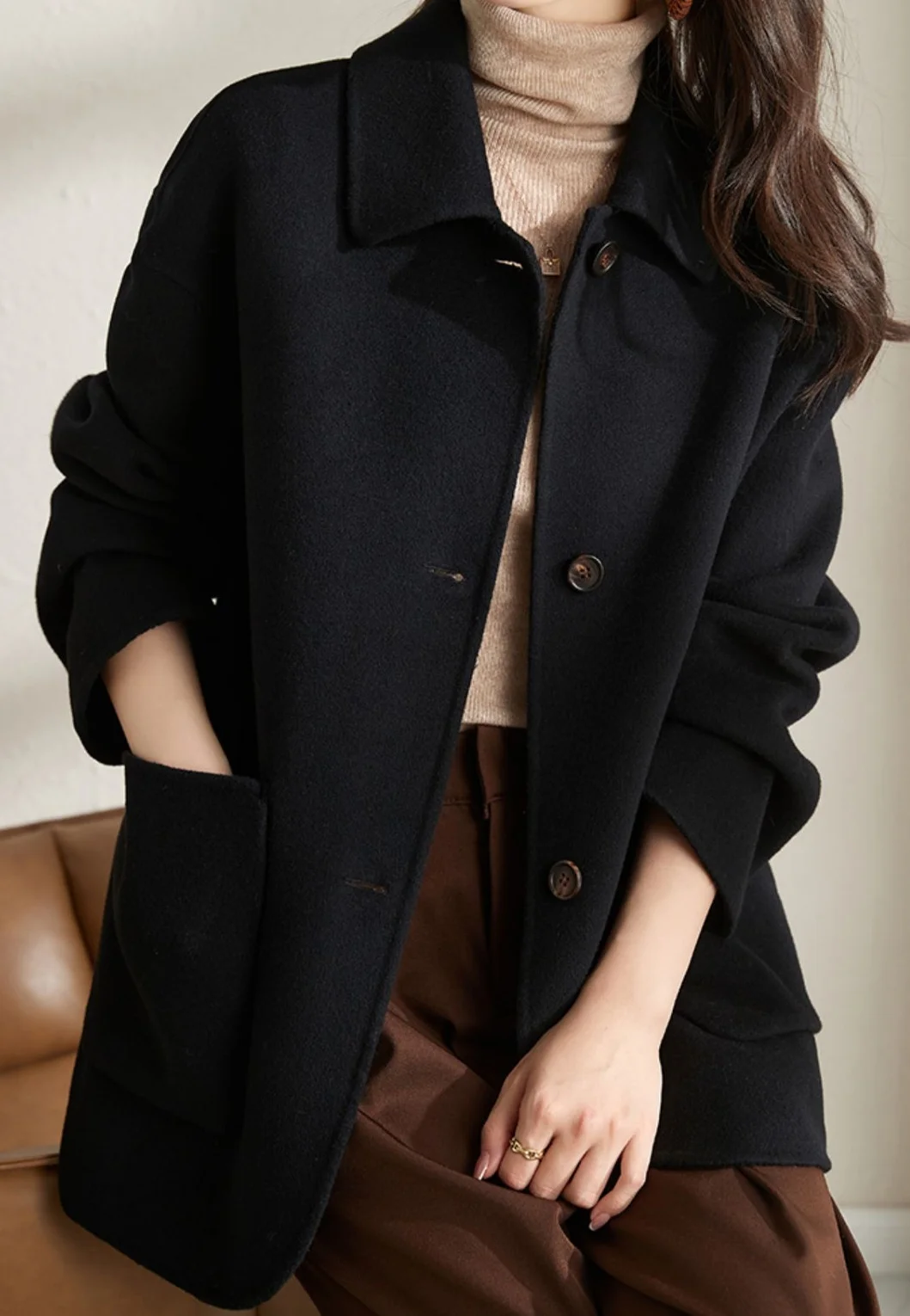 Autumn and Winter New Korean Version Solid Fashion Simple Elegant Woolen Overcoat Coats for Women