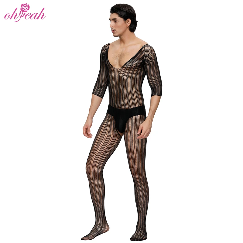 Hot sale lingerie for men stripe sexy nylon bodystocking men