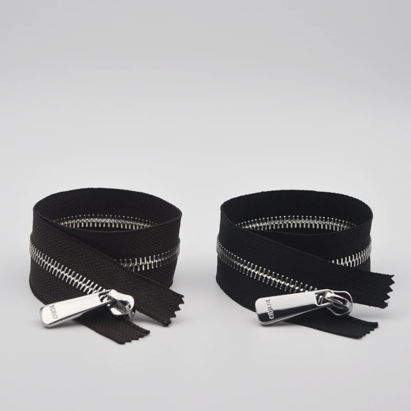
Zipper Manufacture Helper Custom Logo High Quality #10 European Teeth Shine Nickel Long Chain Metal Baby Zippers With Black Tape 