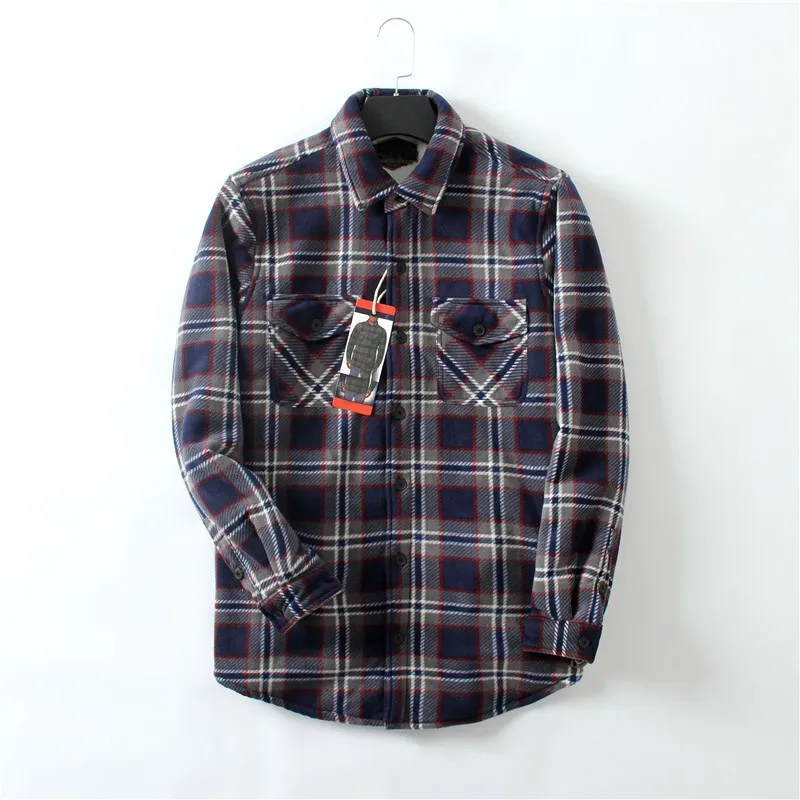 Custom logo winter quality Plus size velvet thick warm two-color check shirt retro casual fleece plaid flannel shirt men