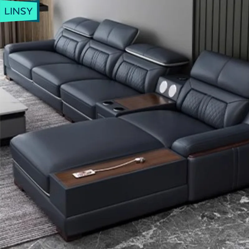 Linsy classical modern multifunction sofa leather modern sofas with Cup Holder USB Adjustable Headrests & Bluetooth Speaker