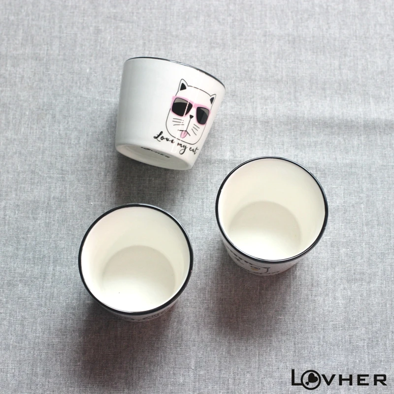  250ml wholesale white small cute ceramic mug without handle animal cat coffee cups with wooden plate for home