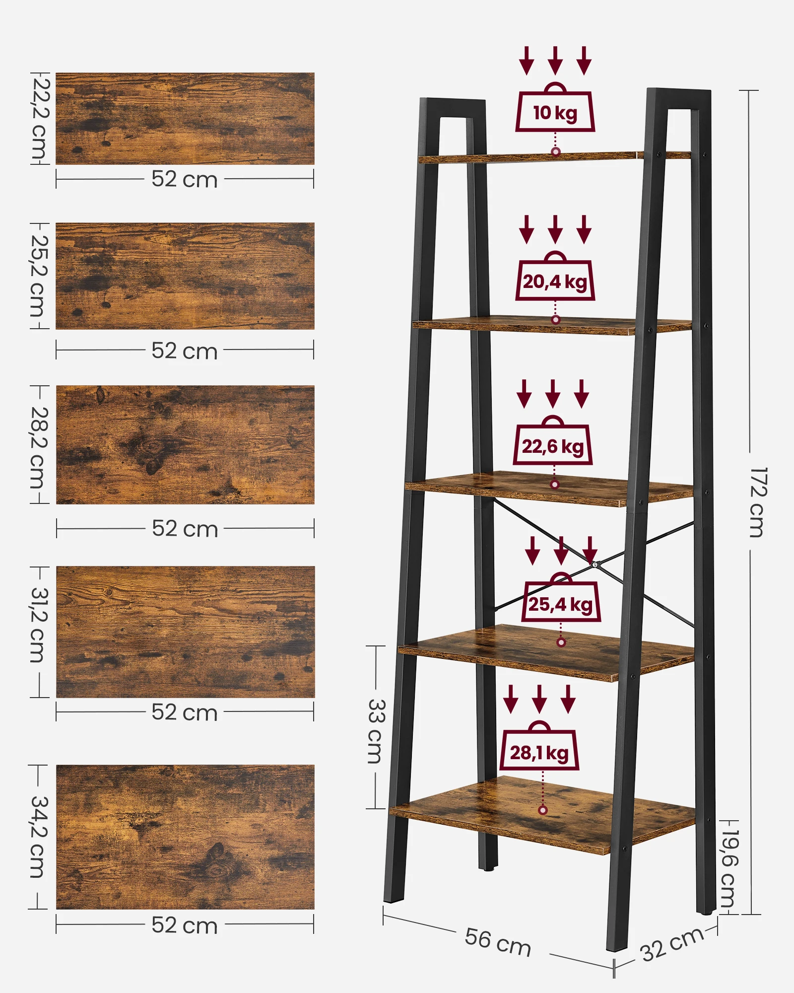 VASAGLE shelf living room corner ladder display book shelf 5-Tier Industrial Bookcase Ladder Shelf