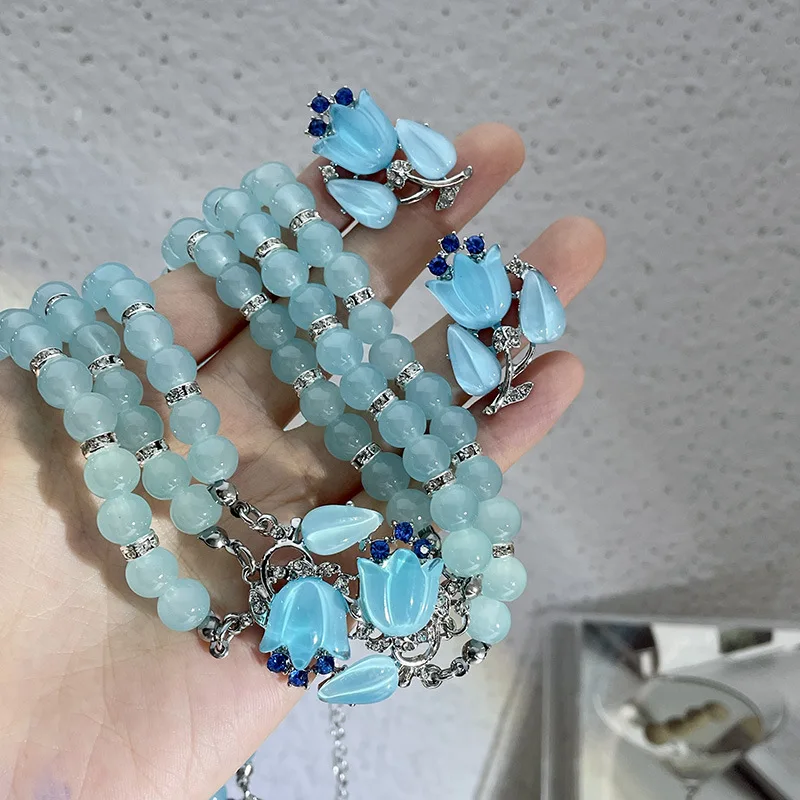 ELEGANT Blue Moonlight Bell Orchid Blue Crystal Beaded Necklace Earring Jewelry Set Fashion Tulips Stud Earring