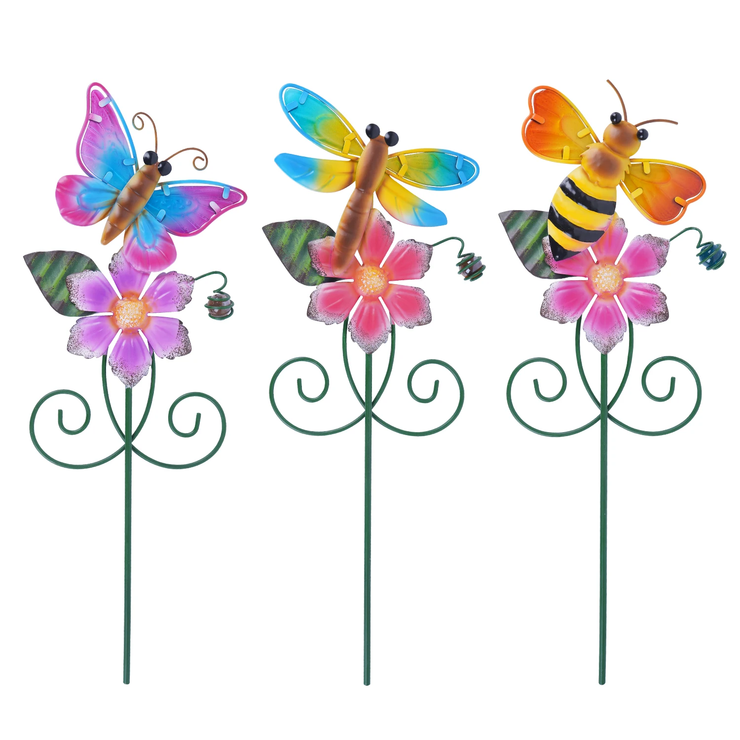 Topadorn Bee Butterfly and Dragonfly Set of 3 Garden Stakes Outdoor Plant Pick Waterproof Metal Flower Garden Stakes