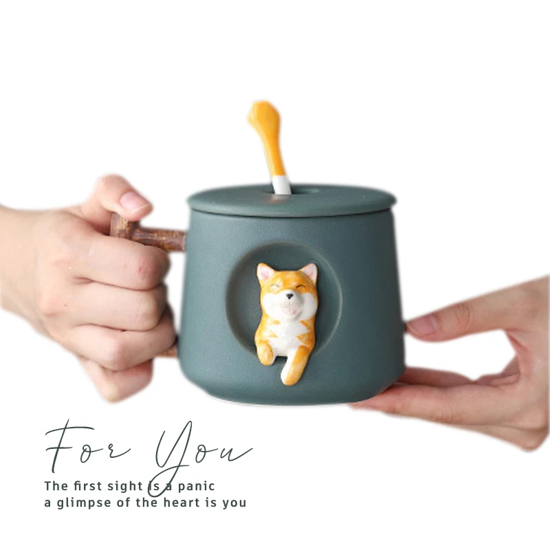 High Quality Custom 420ml Cute Cartoon Office Ceramic Coffee Shiba Inu Mug With Lid And Spoon Gift