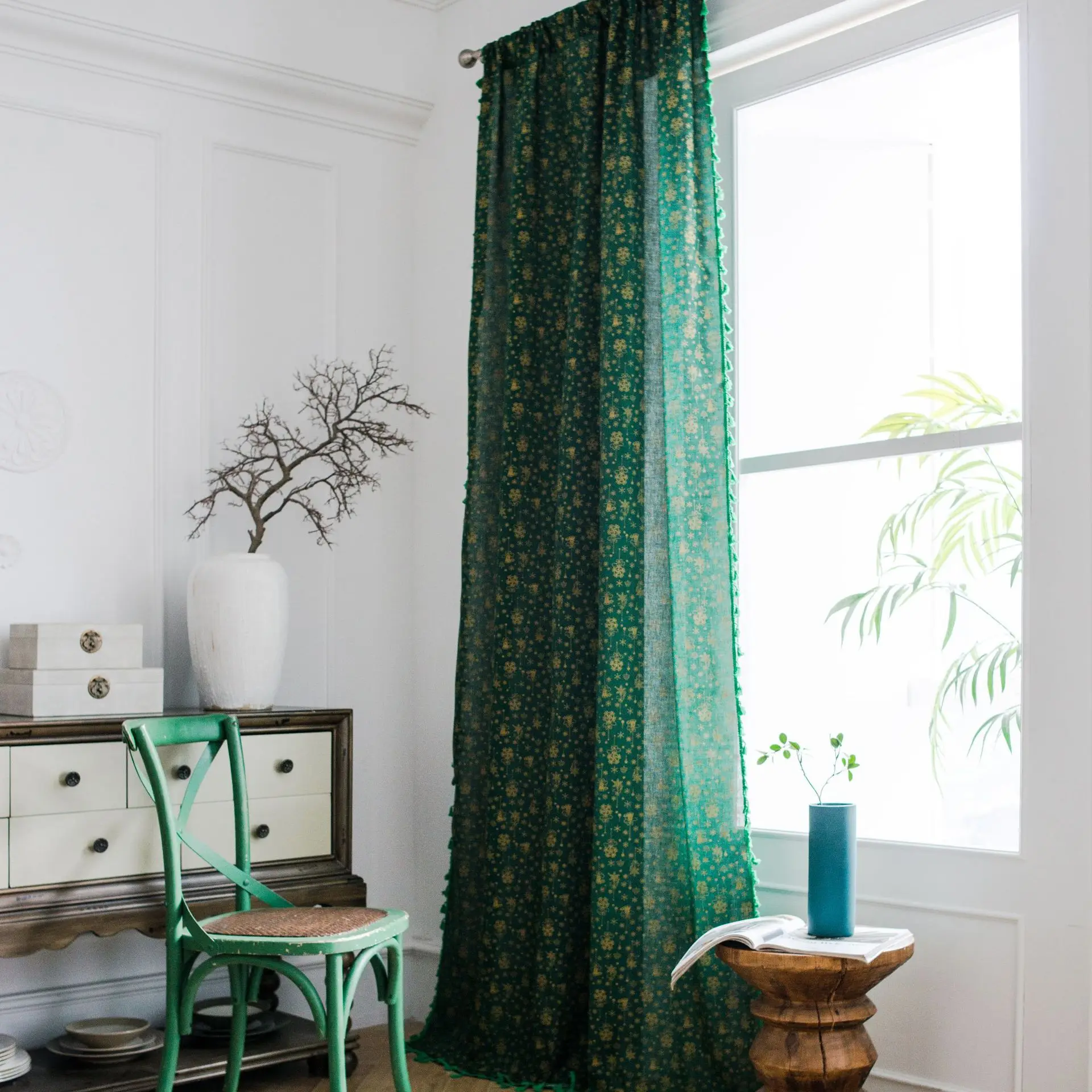 Fresh green gilded small wind chime Nordic style cotton curtains roman curtain