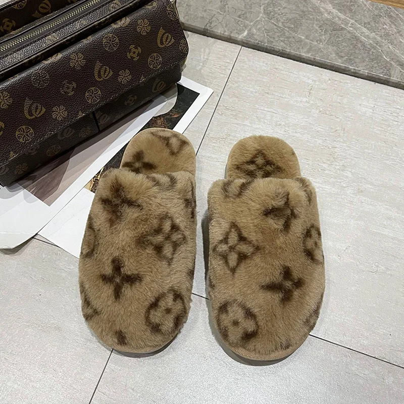Popular printed house silent fur slides slippers fashion home warm anti slip plush slippers for women new styles