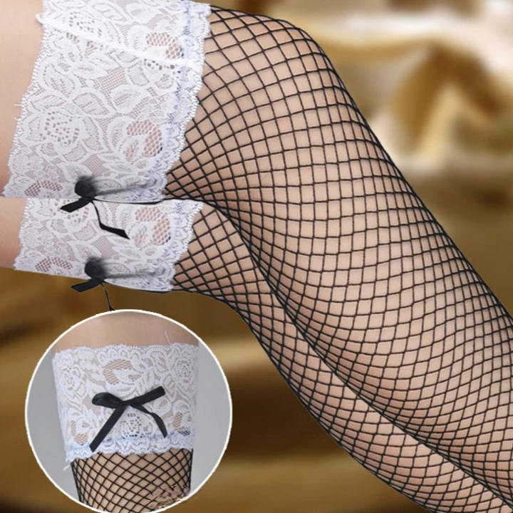 Women White Lace Top Hollow Fishnet Tights Stocking Lingerie