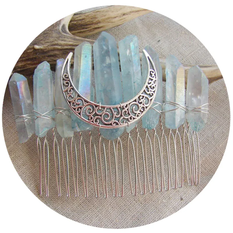 
Light Blue Titanium Quartz raw Crystal Crescent Moon hair pin comb Bridal Crown Tiara witch goth jewelry wiccan 