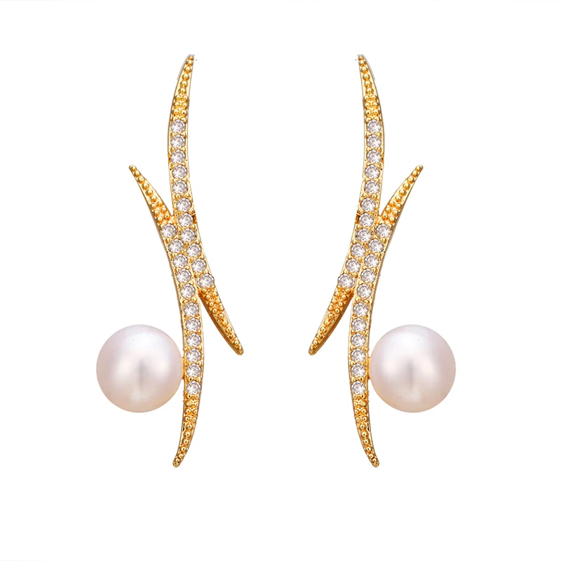 Emmaya Designer Jewelry Popular Brand Gold Line Geometric Pearl Symmetrical Style Crystal Zircon Dangle Earring For Women Party