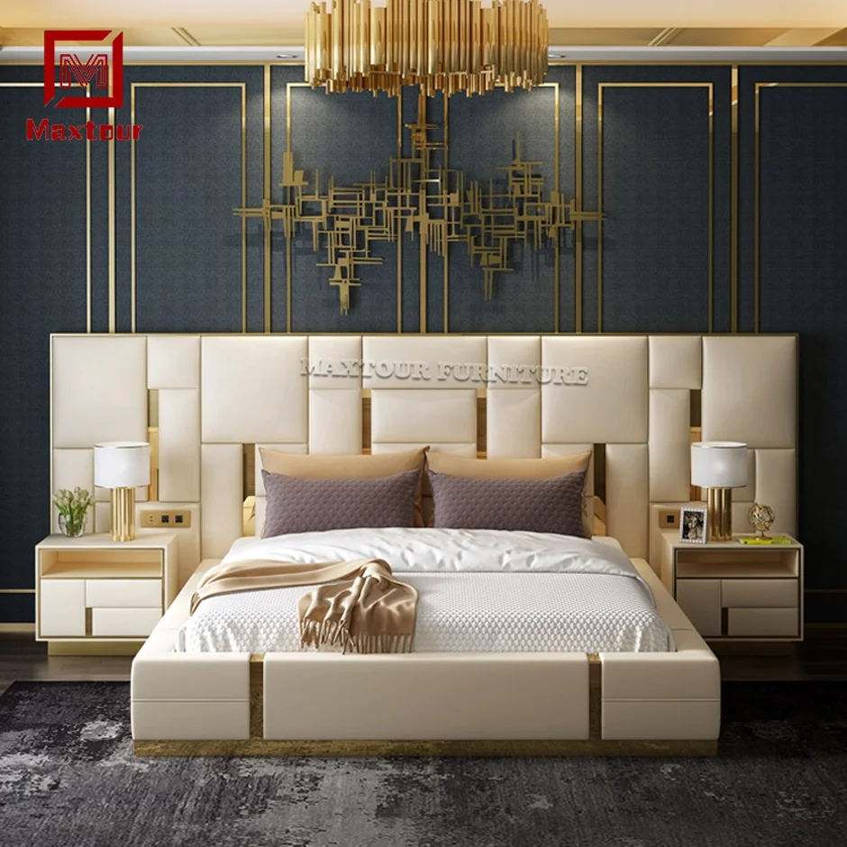 Italian Luxury Solid Wood King Size Bed With Night Stand White Master Bed Room Soft Home Bedroom Furniture Set