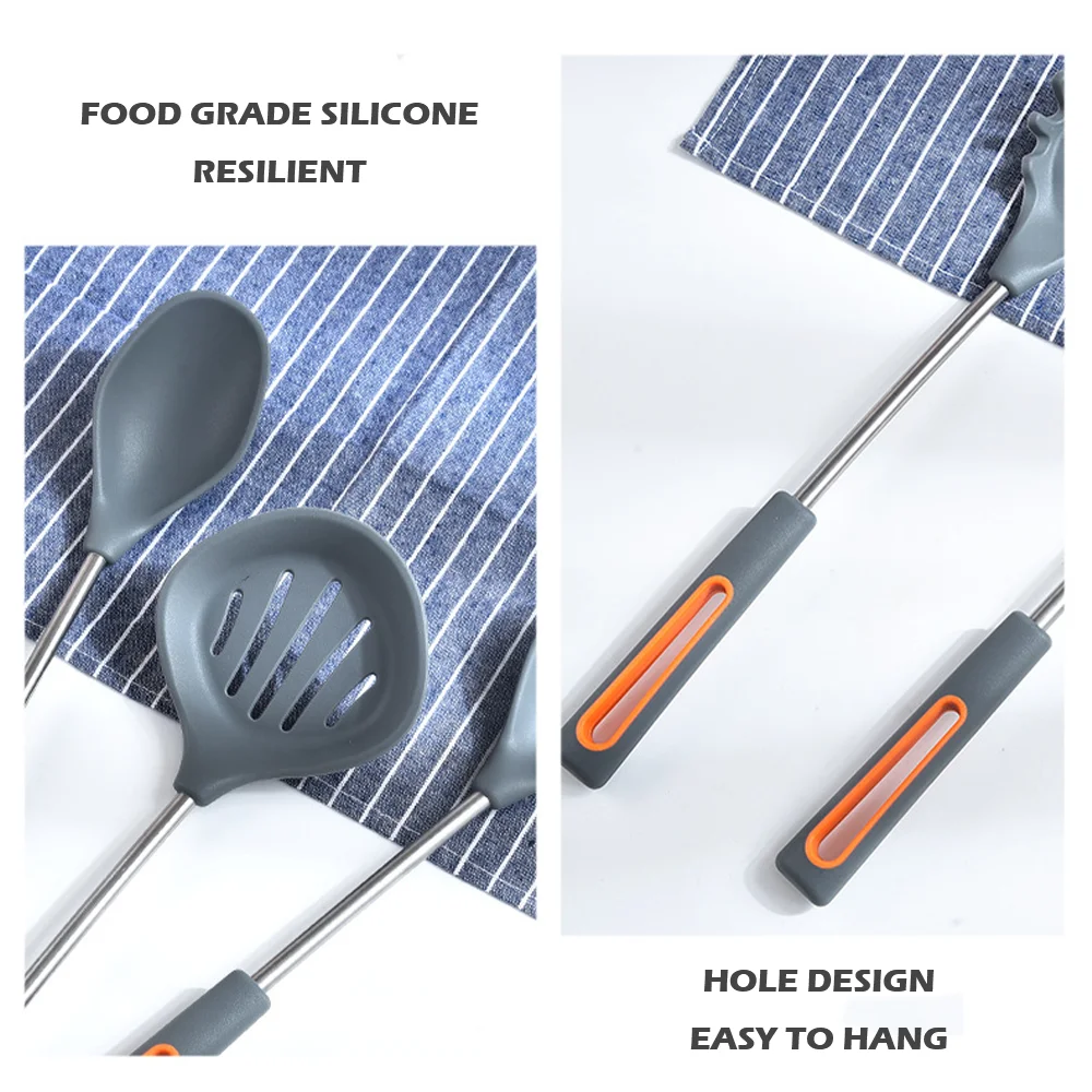 eco friendly Custom kitchen items list Selling Food grade silicone non-stick cooking utensil set and tools with solid handle