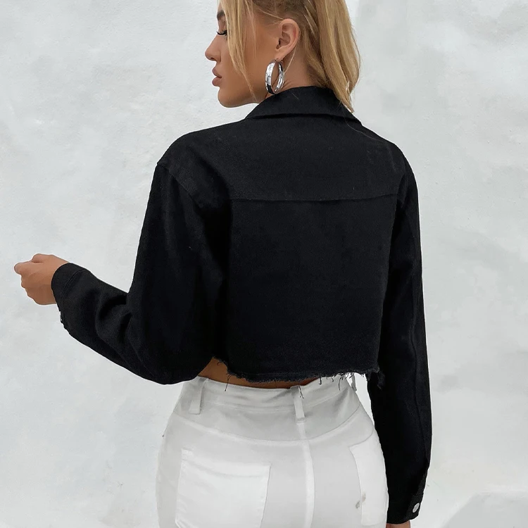 Wholesale new fashion long sleeve short denim jacket drop shoulder raw hem black denim jacket