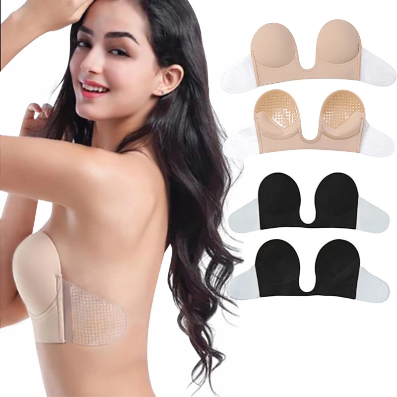 Invisible backless deep V sexy reusable magic push up large size bio-gel adhesive strapless U-shaped sponge bra women