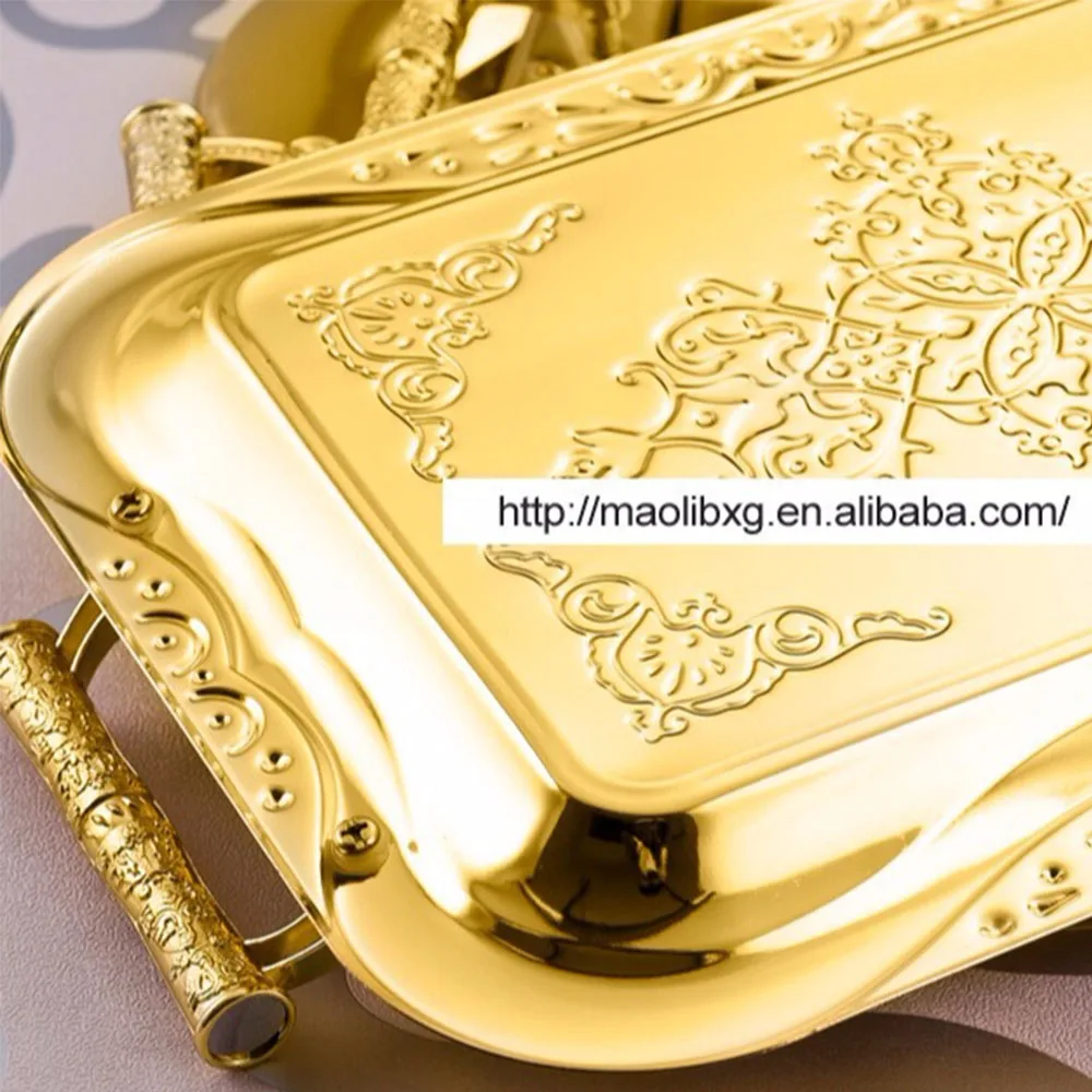 
High Quality Multi Sizes Golden Retro Square Metal Serving Trays Stainless Steel Hotel Party Food Plates Fruit Candy Trays 