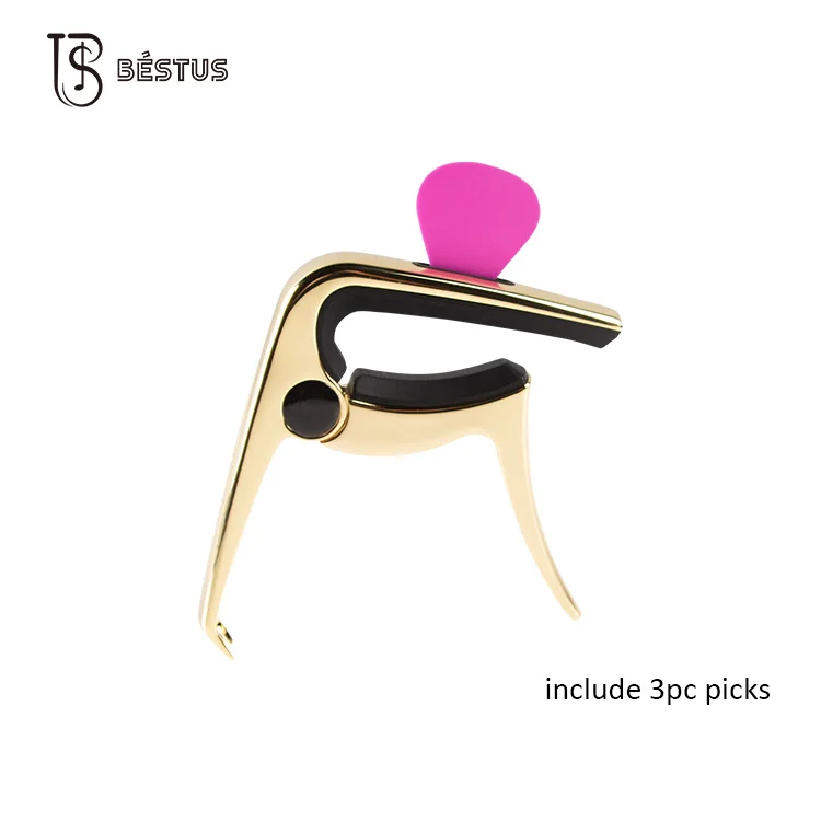 BESTUS  Golden Zinc Alloy Classical Guitar Capo Tool with 3pcs pick For Acoustic Guitar Capo