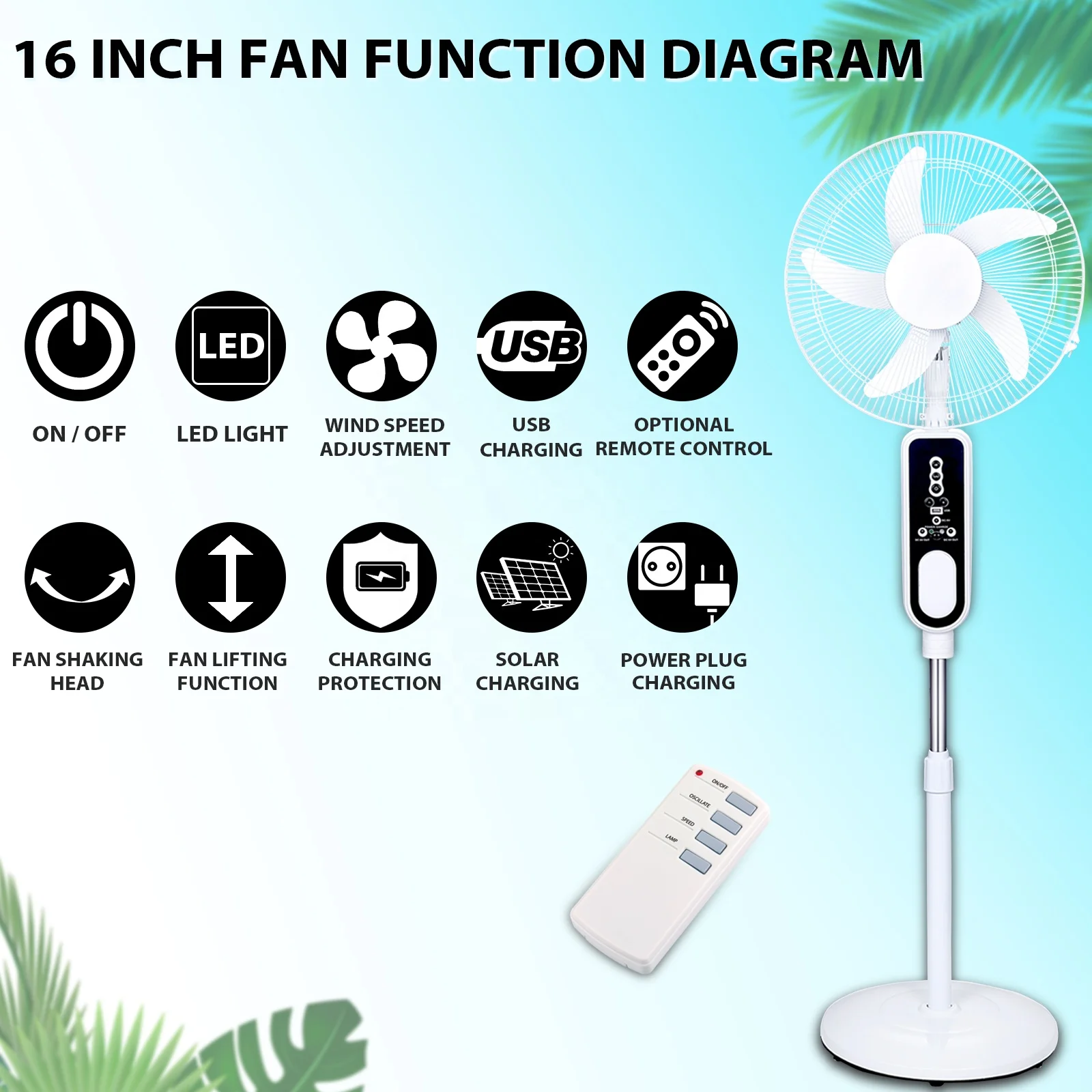 teyoza 16inch standing rechargeable AC/DC solar inverter remote pedestal fan with solar panel