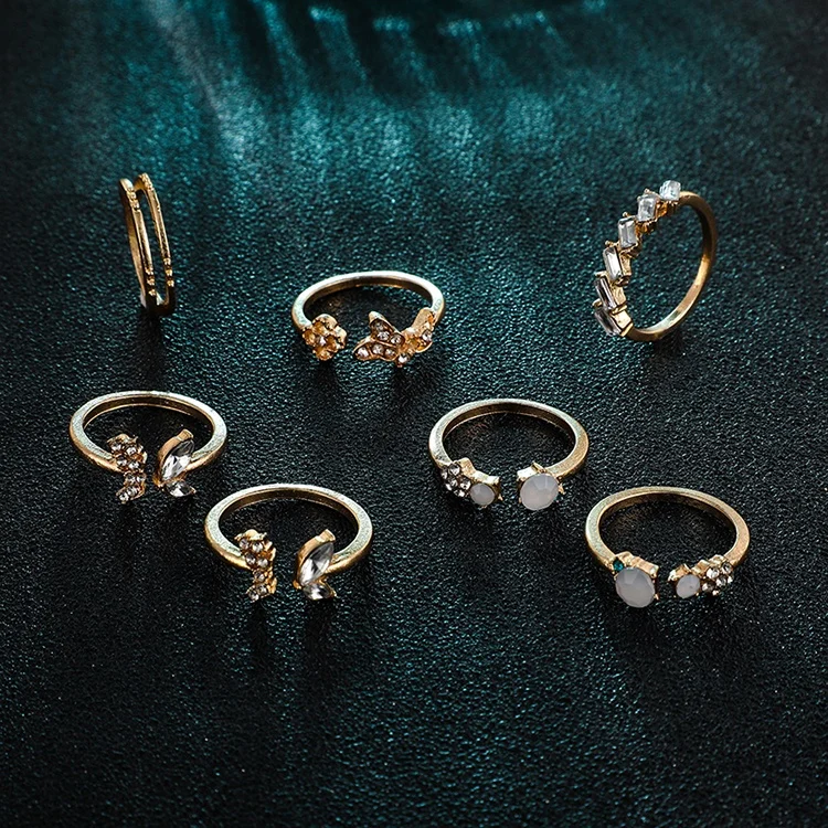 Women White Rhinestone Geometric Open Knuckle Rings Set Bohemian Gold Color Crystal Butterfly Ring Adjustable